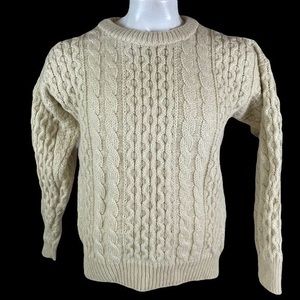 Gaeltarra Ireland Irish Aran Fisherman Ivory Wool Cable Knit Sweater Medium R1